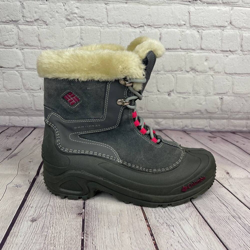 Columbia Omni-Heat Gray Pink Winter Snow Boots Girl Size 6/W Size 8 (BY1291-022)